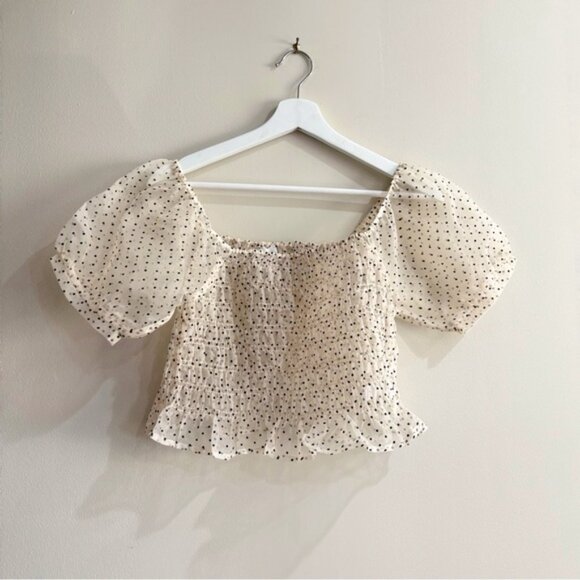 Le Lis Cream Black Polka Dot Puff Sleeve Smocked Top Semi-Sheer, Y2K Women Small - Picture 1 of 9